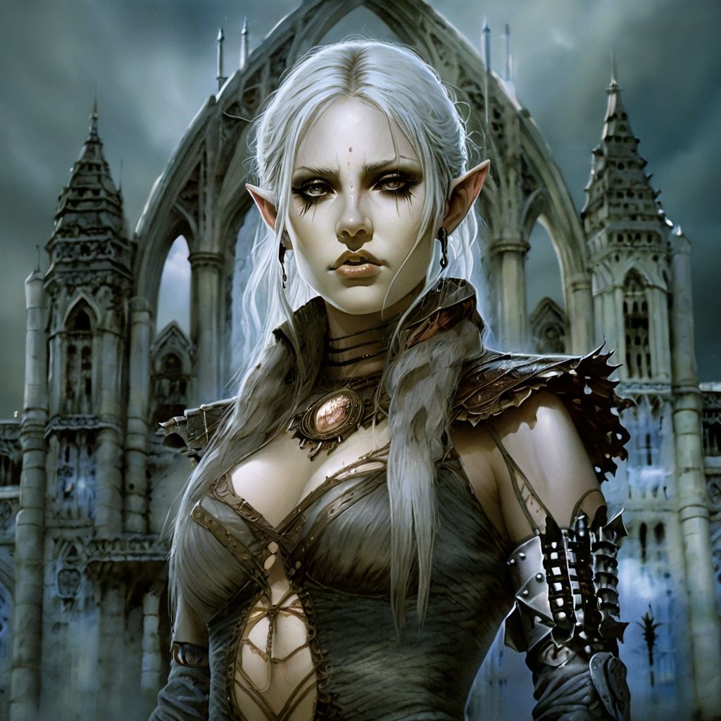 A fantasy digital artwork features a striking elf character standing confidently in front of an ancient, gothic castle. The character has pa...