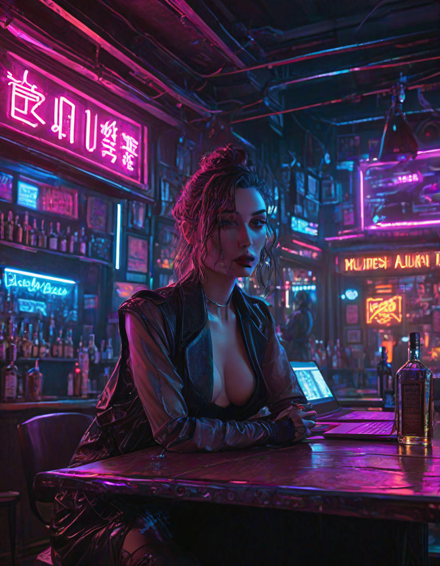 Neon-lit pub, shadows dancing amidst cybernetic decor, lone fit female detective draped in noir allure by the dimly lit table, a bottle of w...