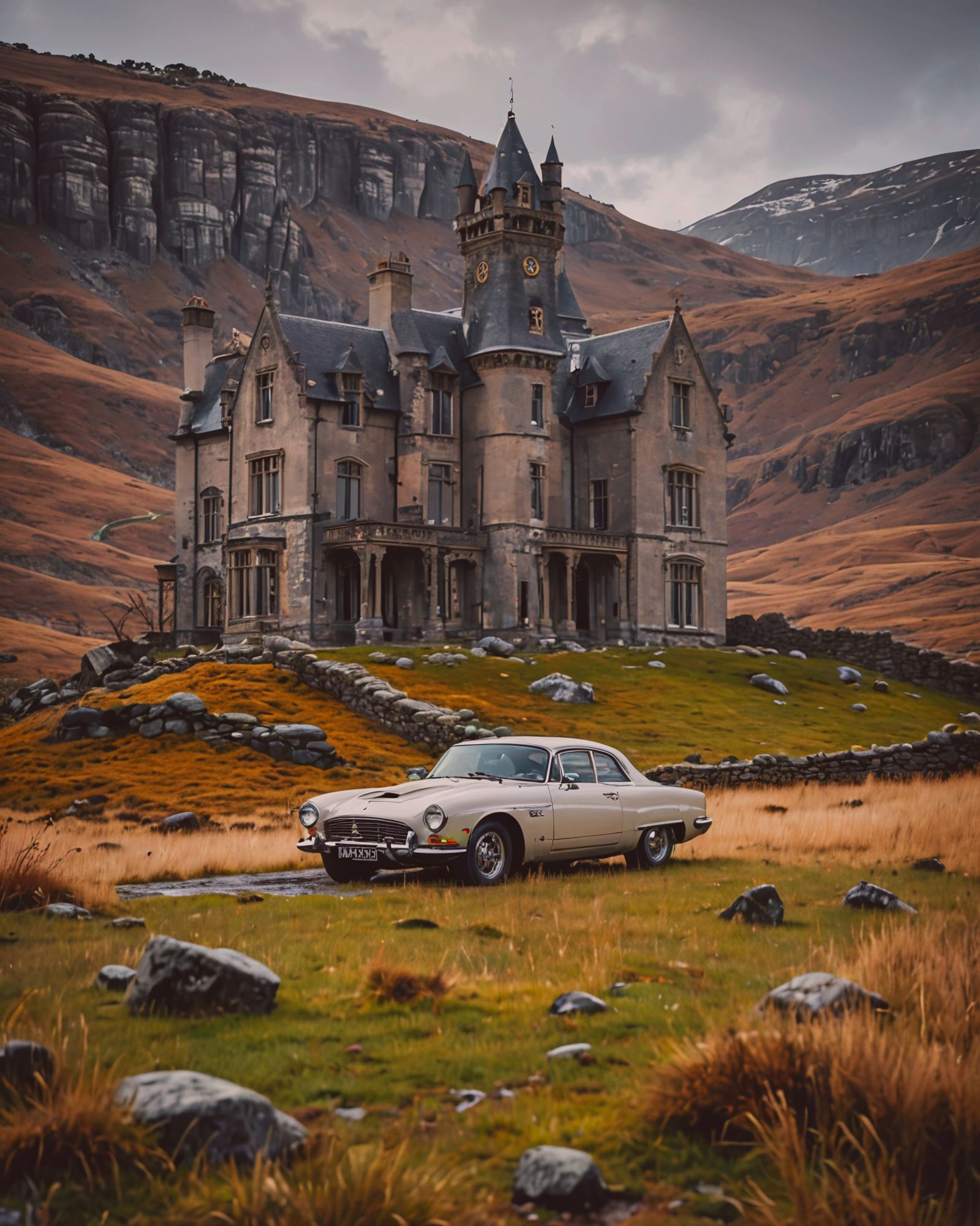 A grand, Victorian-style mansion with intricate stone carvings, stained glass windows, and multiple chimneys stands majestically against a t...