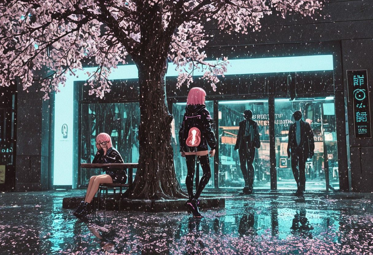 [A futuristic cybernetic woman with long pink hair, wearing a black jacket and short skirt, sitting at an outdoor cafe table across from a d...
