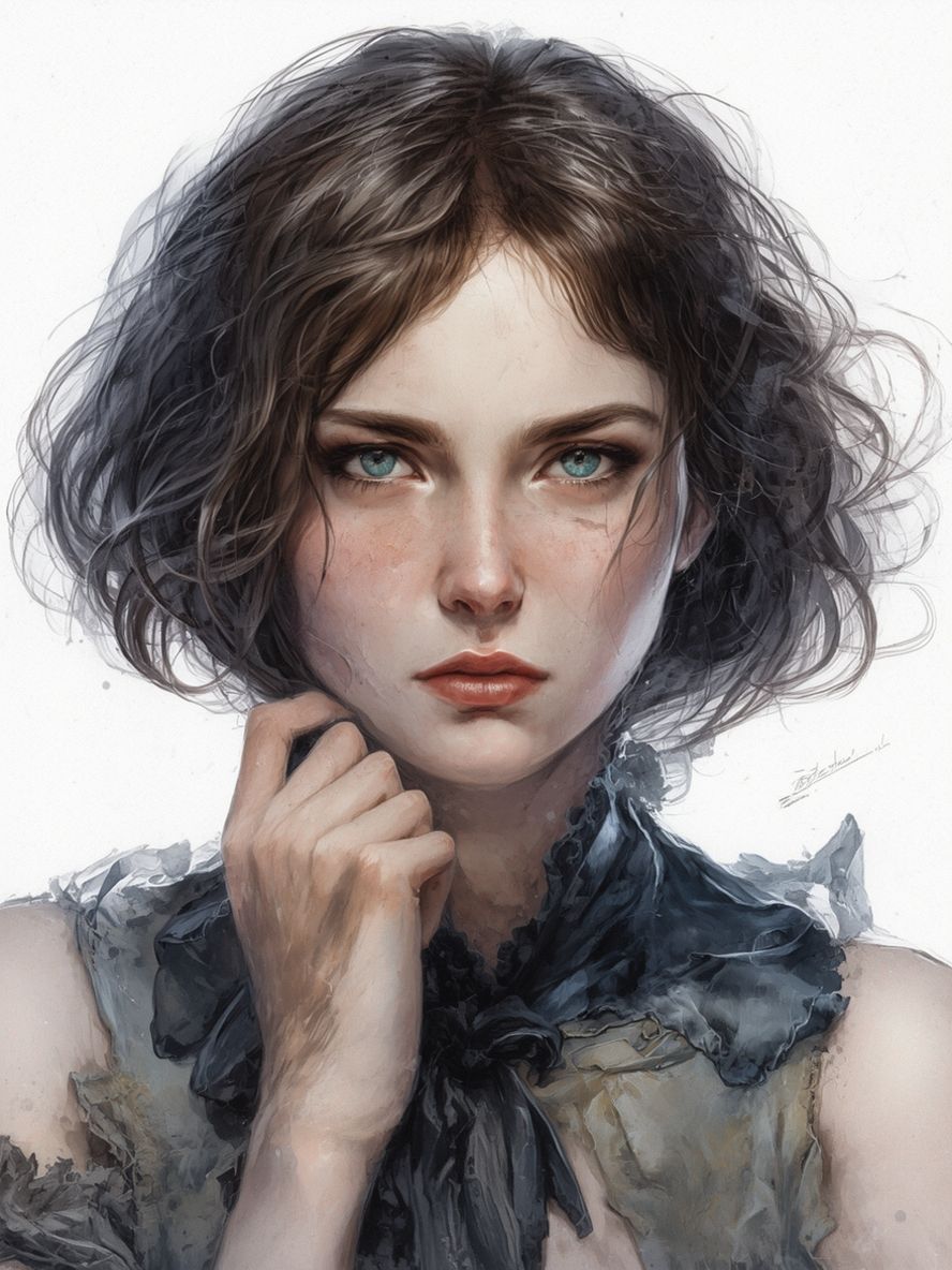 Embarrassed young woman with short dark hair and bright teal eyes, her face burning with a deep blush across cheeks and nose, tense and flus...
