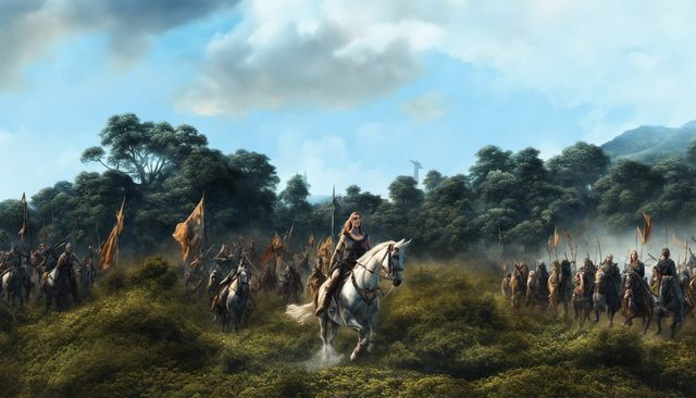 550 BCE Amazon female Calvary preparing for battle under a blue skyline and forests Hyperrealistic, splash art, concept art, mid shot, intri...