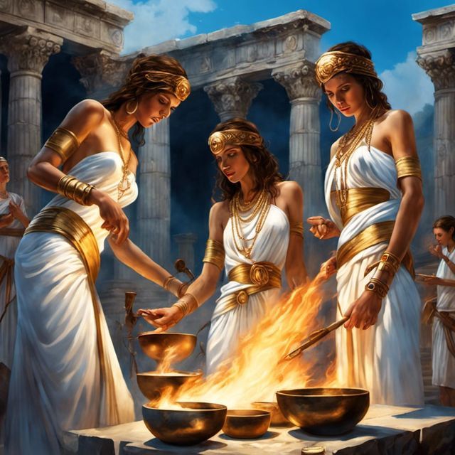 550 BCE Amazonian priestesses with wavy brown hair , blue sky and White strapless white priestess dresses and gold necklaces doing a intense...