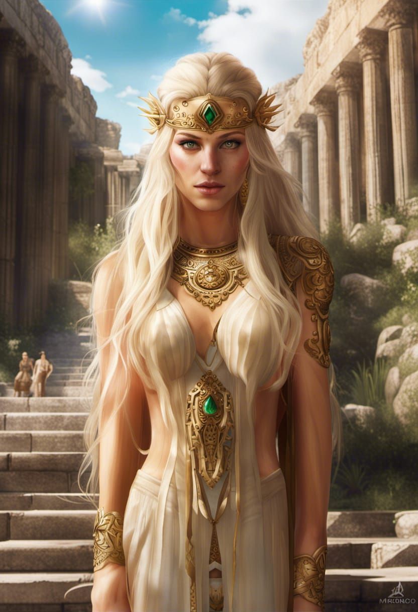 20 year old Amazonian Female at the fantasy temple of Artemis 555 BCE I have blonde hair that falls in soft waves around my face . My eyes a...