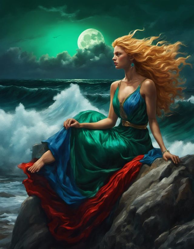 500 BCE Amazon female red blonde waving hair emerald green eyes , blue dress and perfect feet sitting on a rock with large wave stormy ocean...