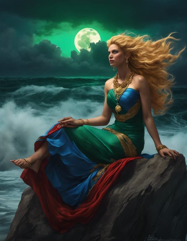500 BCE Amazon female red blonde waving hair emerald green eyes , blue dress and perfect feet sitting on a rock with large wave stormy ocean...