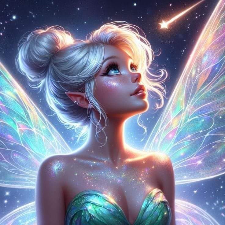 Digital illustration of an elegant fairy, facing forward, with a very fine, glowy face and very large expressive eyes. She is barefoot, one ...