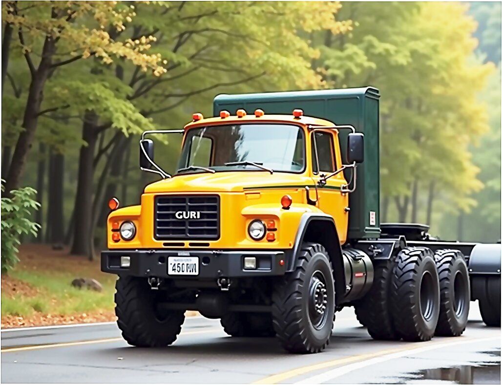 high quality image, high definition 16k, realistic photo) Classic Mitsubishi Fuso tractor truck with horn, Inspired by classic old Mitsubish...