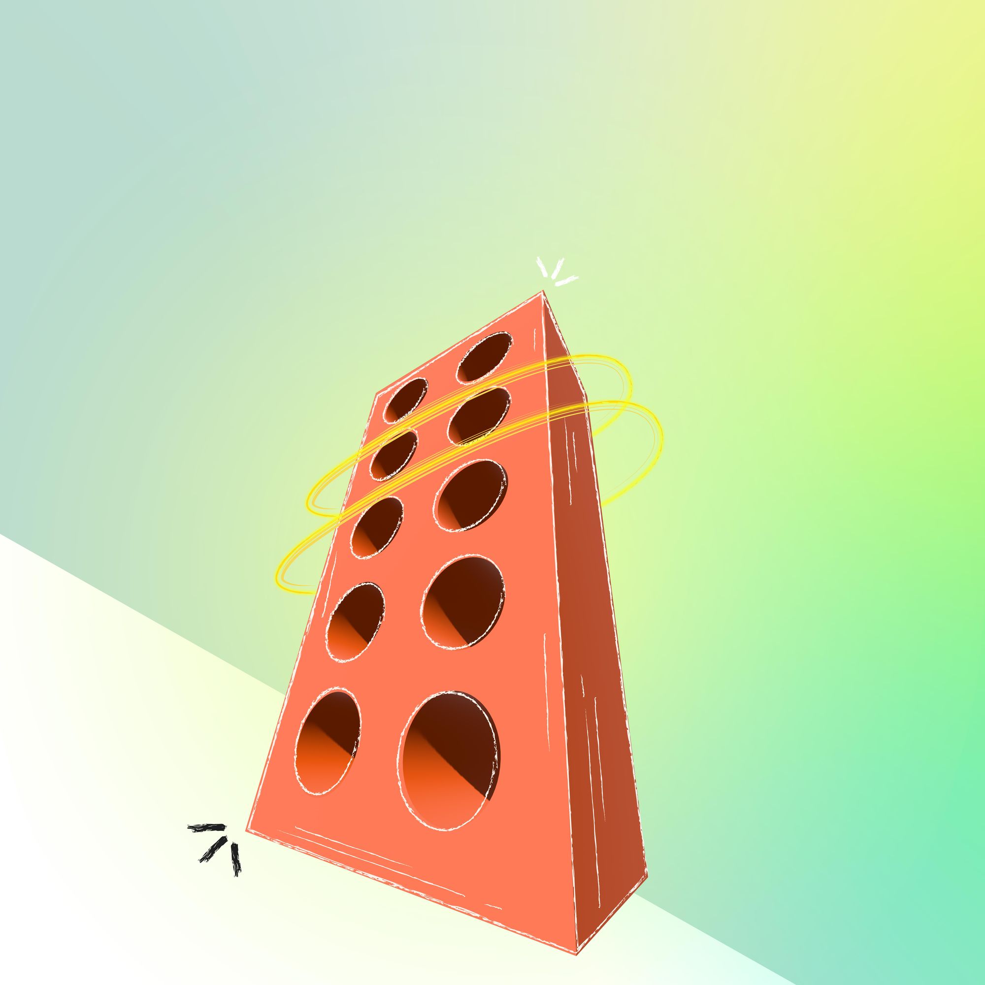 A hyper-realistic image of a smooth, solid terracotta object, set against a clear, solid blue sky. Sunlight streams through the object, cast...