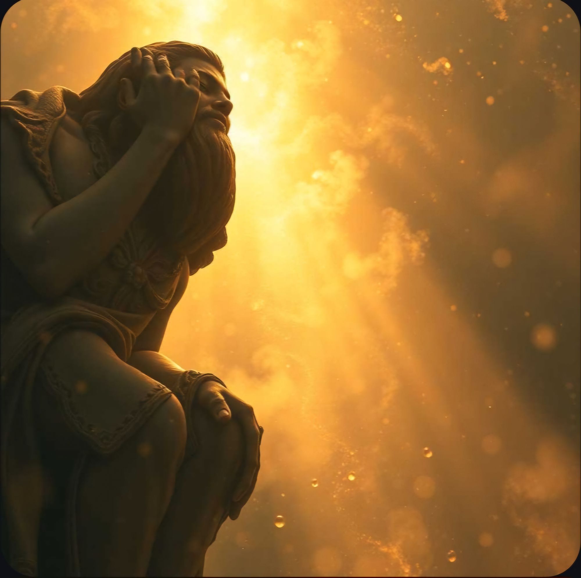 A lone mountain peak piercing through a sea of clouds, silhouetted against a night sky dominated by an immense, detailed star map of constel...