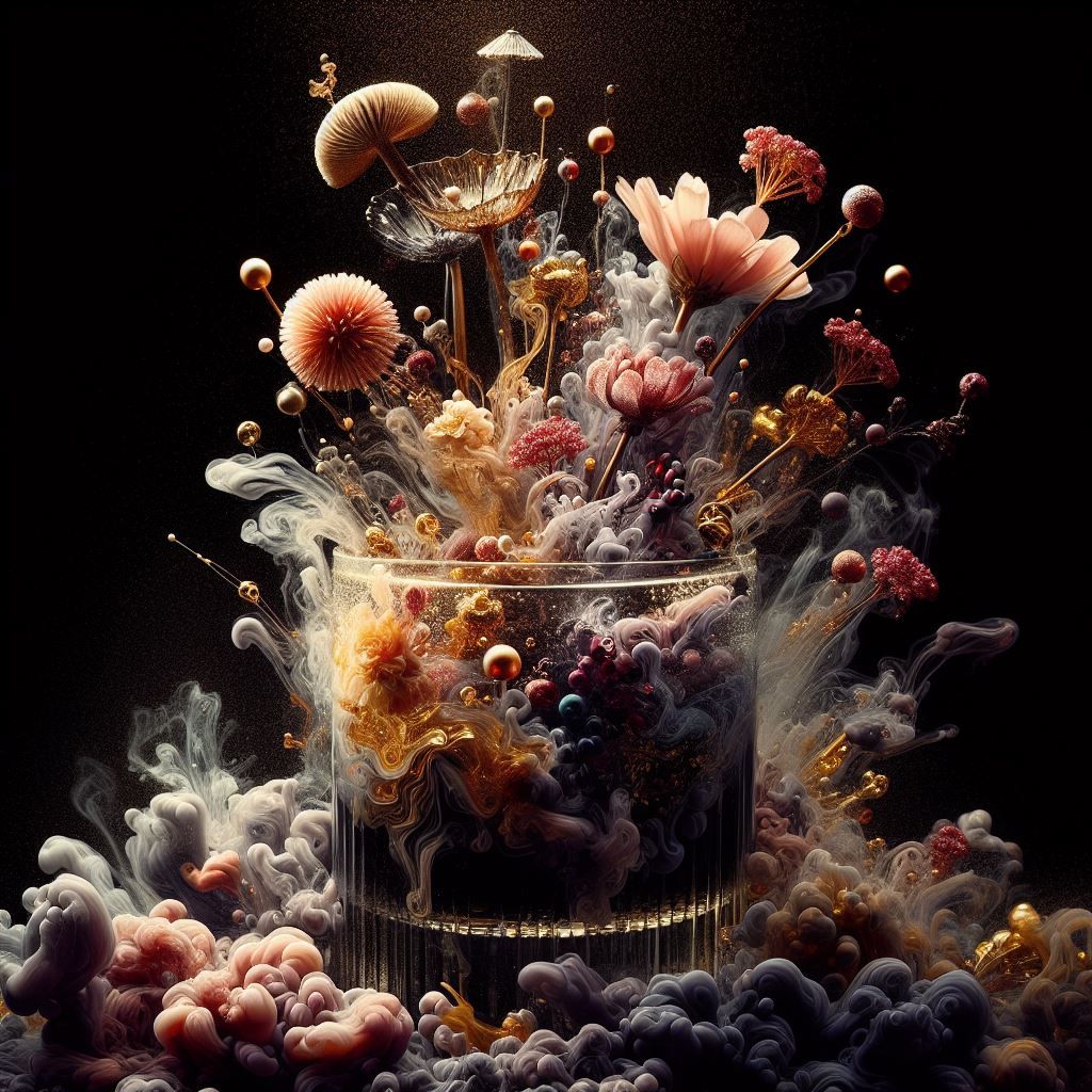 (Masterpiece, Best Quality:1.4), Cinematic Film Still Food Photography (Cocktail), Kim Keever, Splash Art, Alcohol Ink, Cocktail "Yokai Neko...