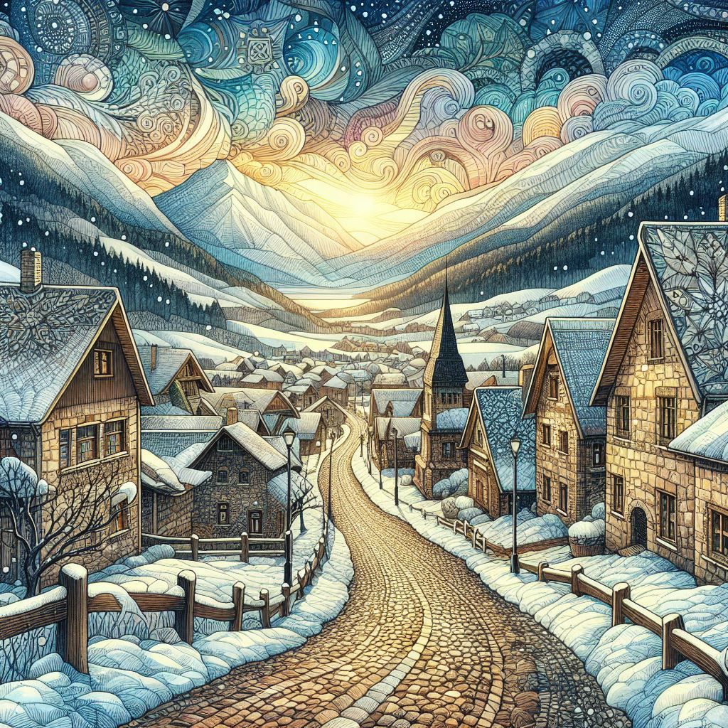 beautiful winter village landscape with snowy mountains in the distance, cobblestone roads, zentangle highly detailed  fantasy  beautiful  a...