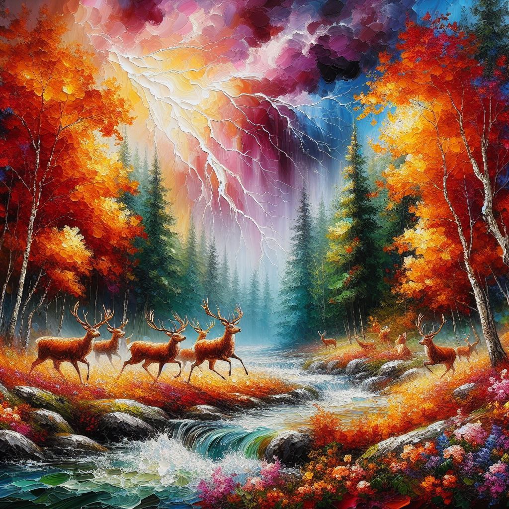 An water painting, thick raised impasto, palette knife art of a beautiful lightning storm in a winter forest, a moose running, stream, froze...