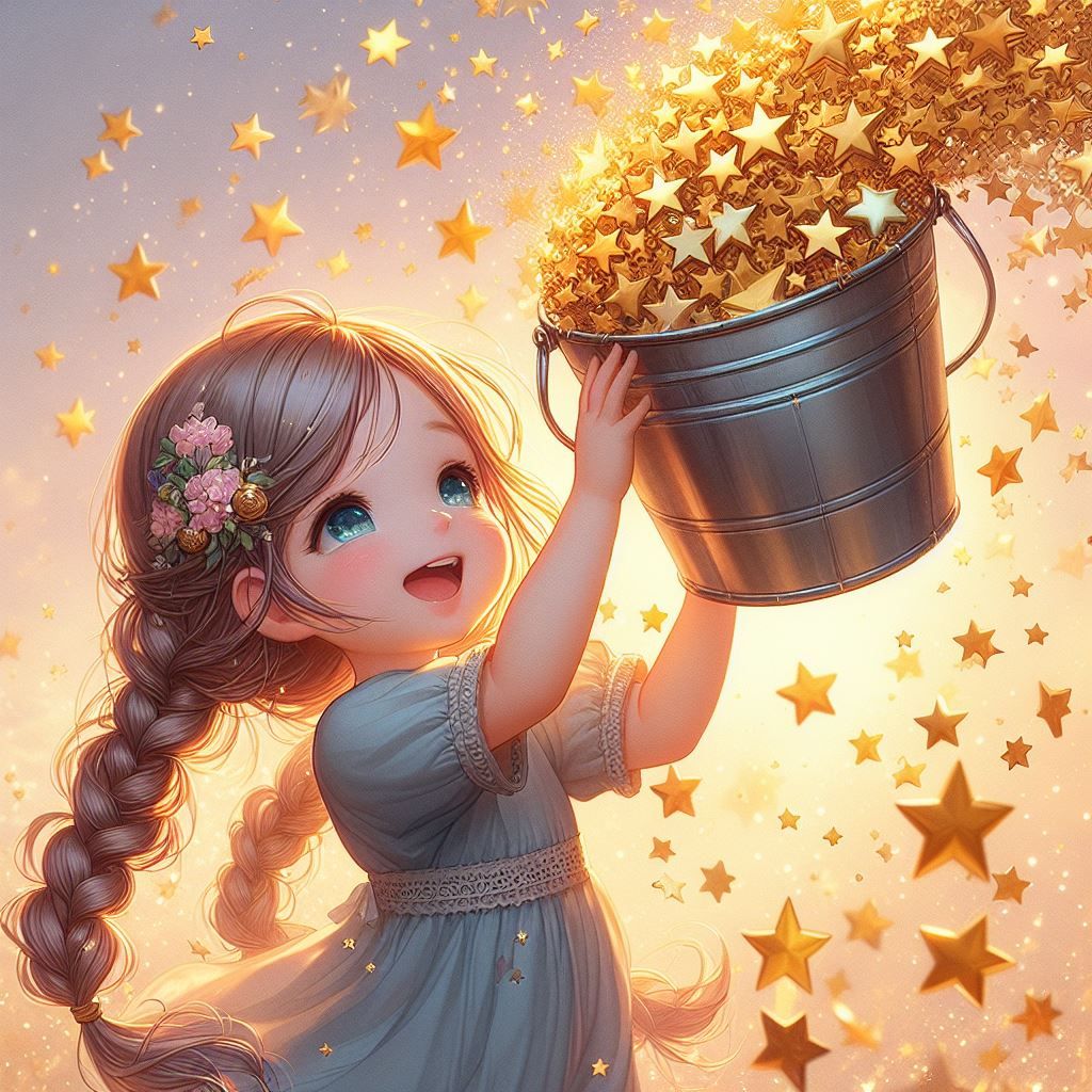 a pretty illustration of a cute little girl carrying a bucket of golden stars, happily putting them up into the sky, french braid hairstyle,...