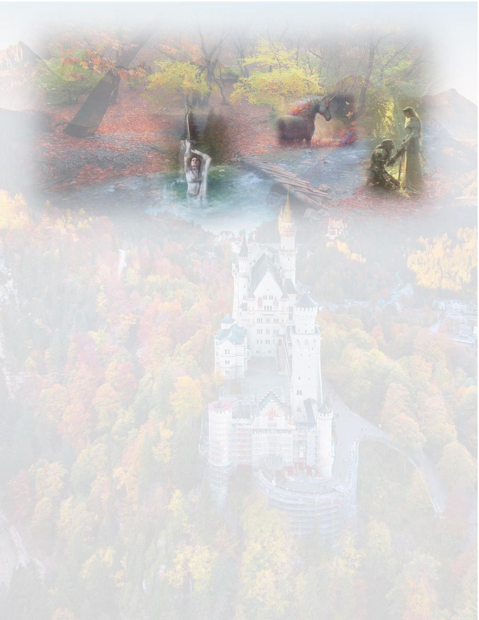 fall castle unicorn, knight, lady of the lake in background, ethereal fantasy hyperdetailed mist Thomas Kinkade 8k resolution holographic as...