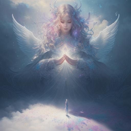 A beautiful  guardian angel watching over a mortal, providing light for their spirit