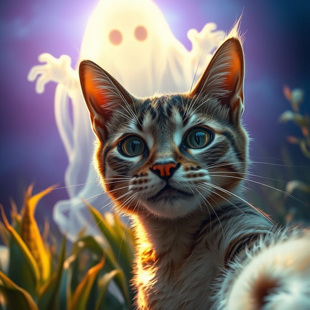 Cat in panic run away from the ghost