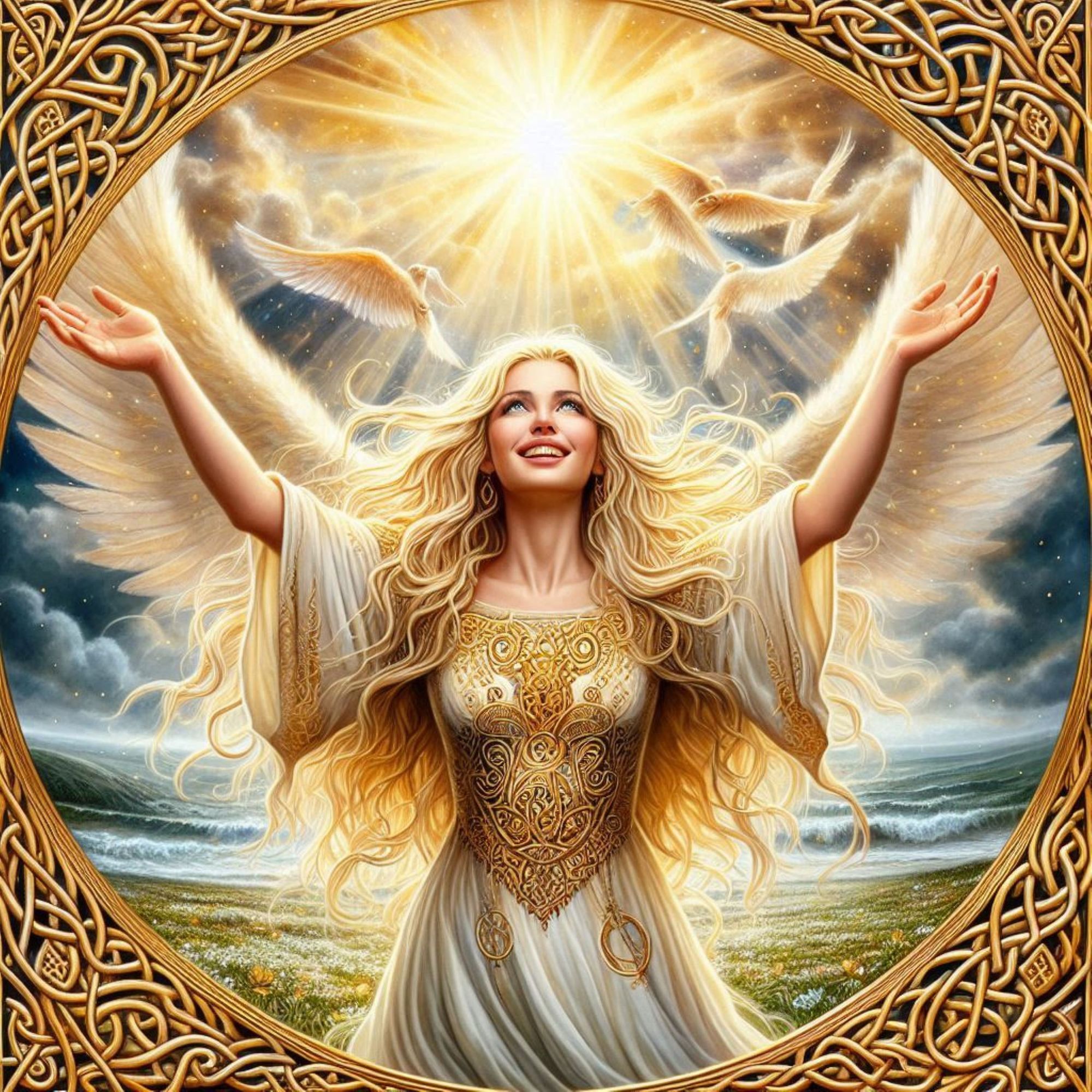 the sun pulsates in the background, a feeling of gratitude and joy 