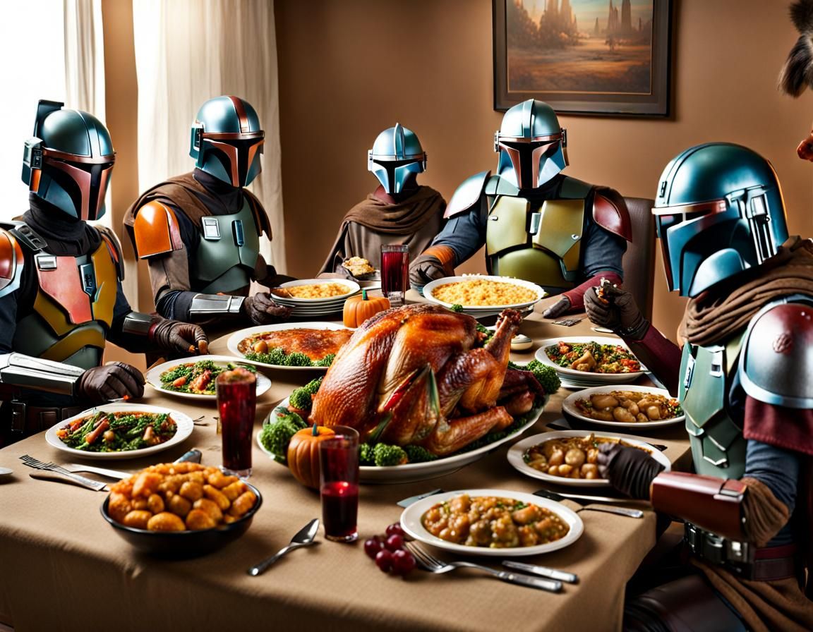 Mandalorian <lora:WatercolorMix1:1.0>Thanksgiving dinner