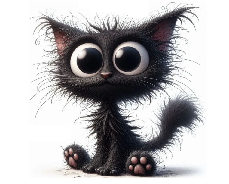 One cute cat, funny face, friendly, a fantasy orange, big glass eyes,  but ears, looking happy, cartoon, lots of fur