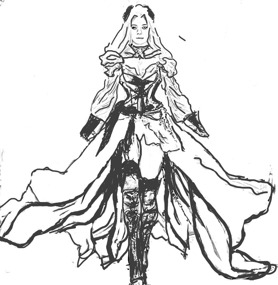 high fashion, black lightweight fabric with red inserts, chains, leather corset, goddess, night, witch