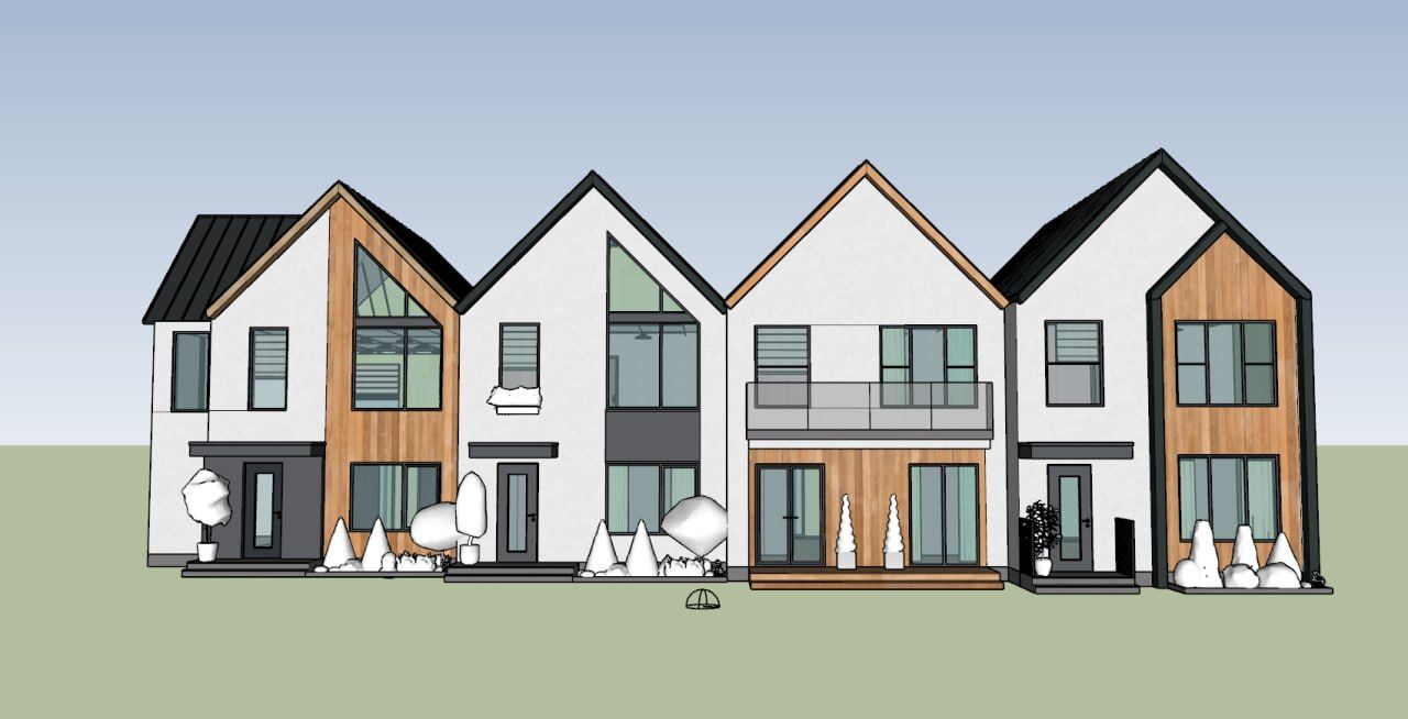  Ultra-realistic modern townhouses with pitched gable roofs, white facade walls, black window frames and accents, vertical wooden slats, lar...