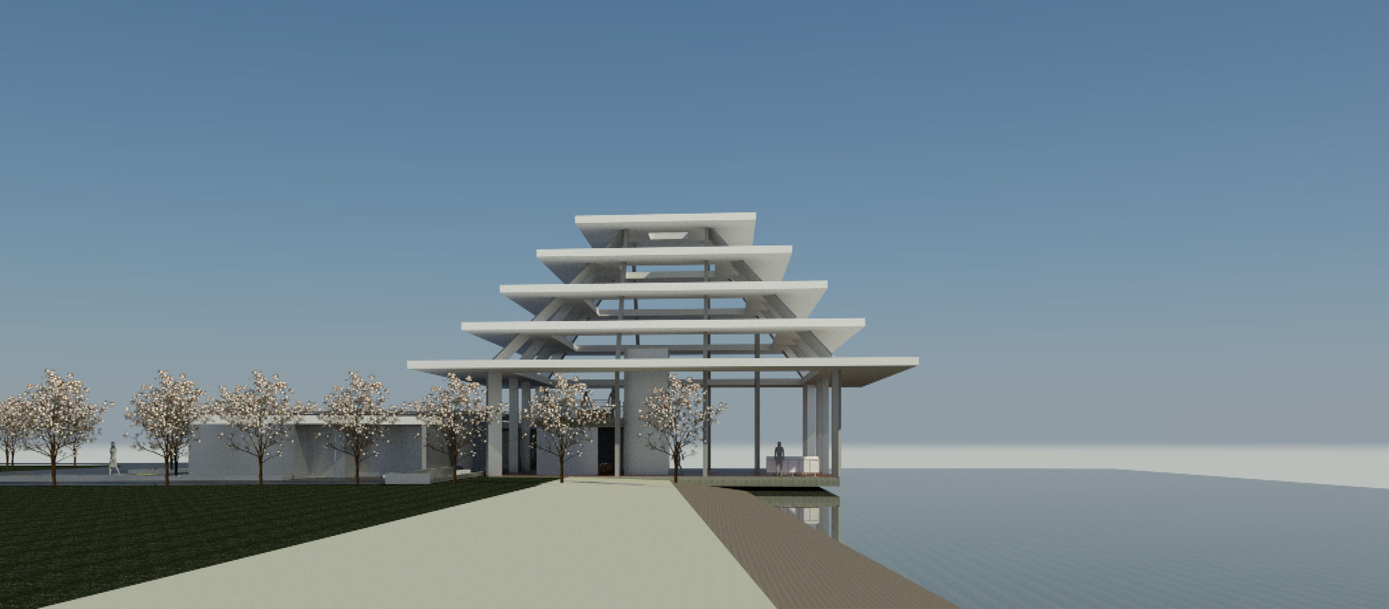 An architectural rendering, sunset