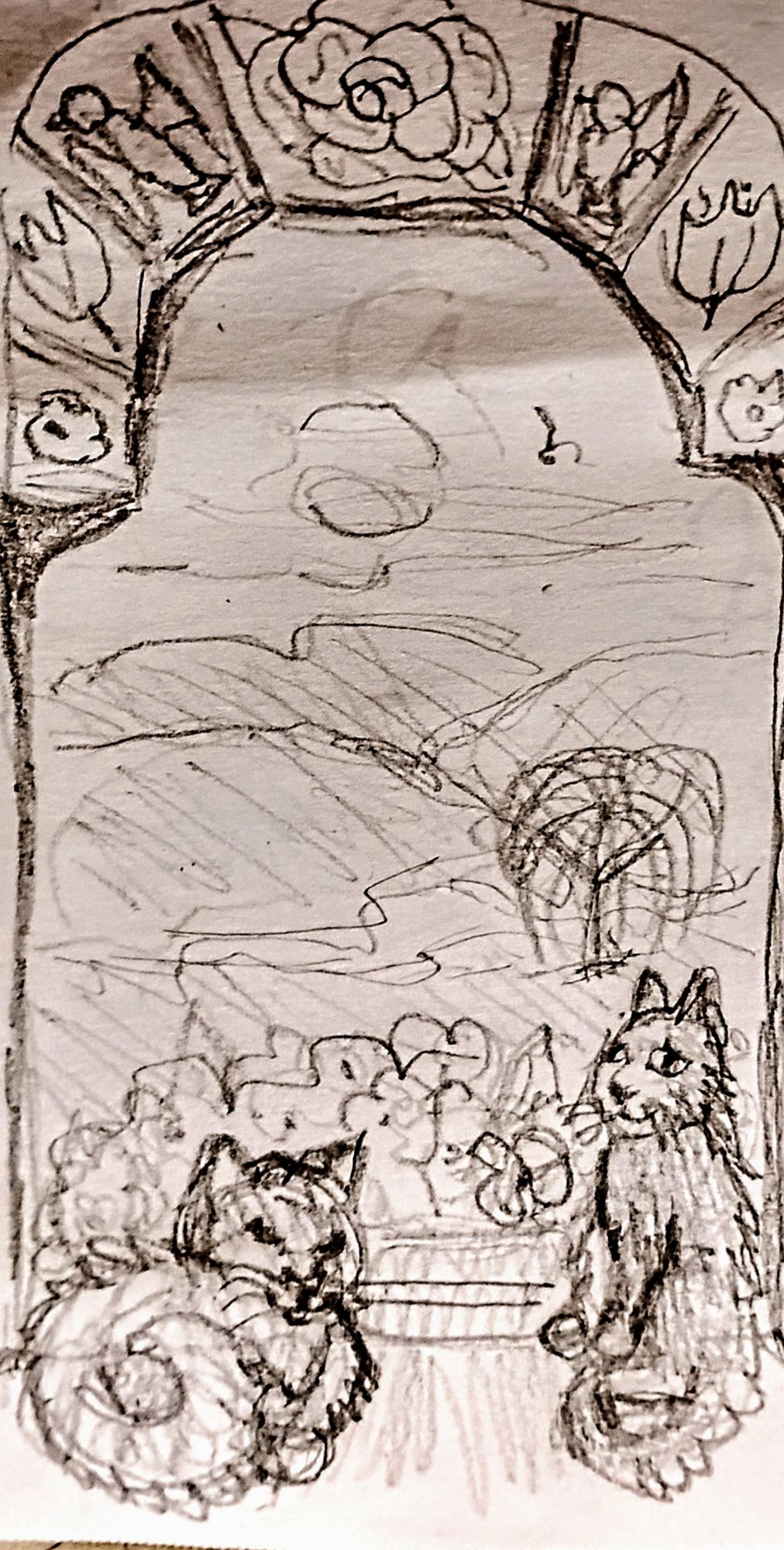 From my sketch:Two cats in window view the world outside. It shows the tips of flowers in the window box. A yard that extends to willow tree...