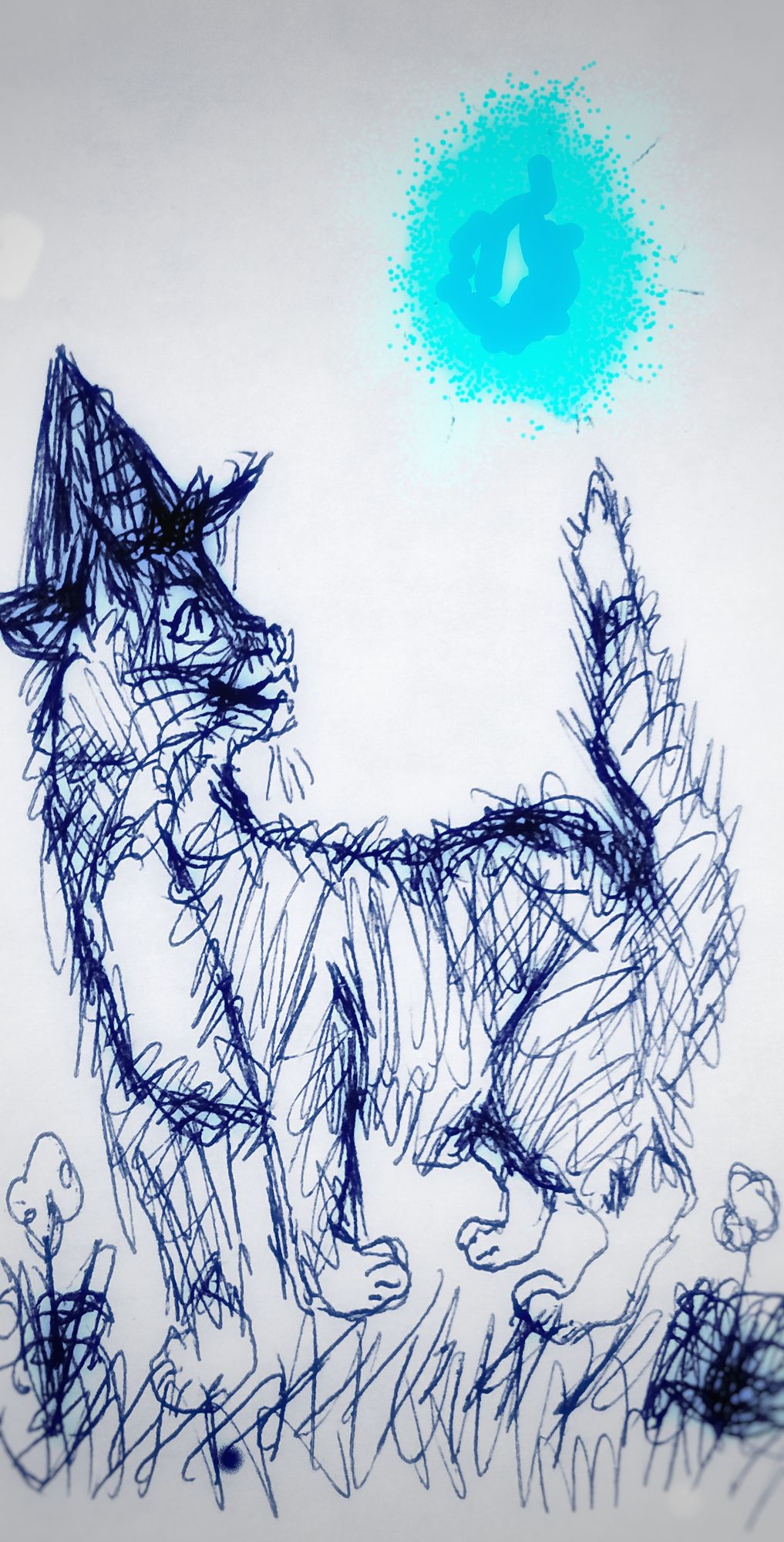 A cat,s tail is in the air and just above it is a blue flame. She is a witch familiar and has a special ability to throw blue balls of flame...