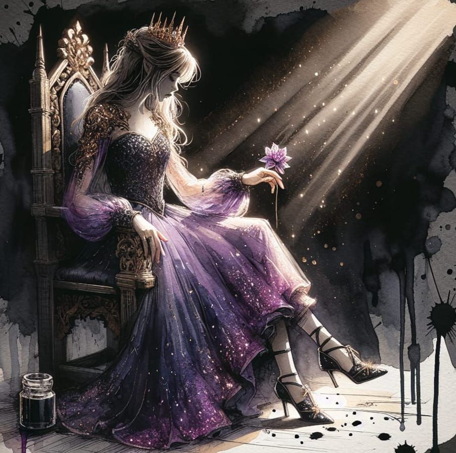 princess on the throne, blue dress gouache bokeh