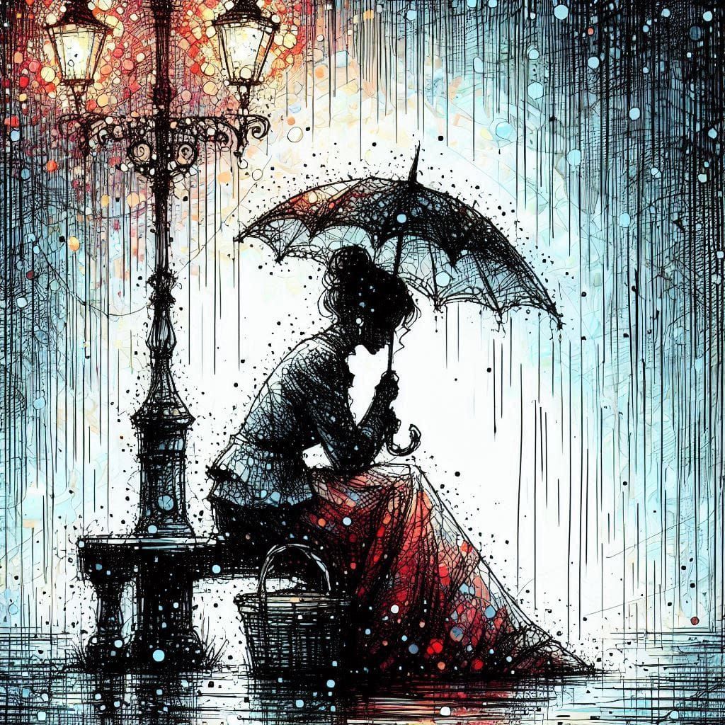 beautiful girl, hair tied in a bun, rainbow hair, sitting on a bench in the rain under an umbrella color corrected detailed painting minimal...