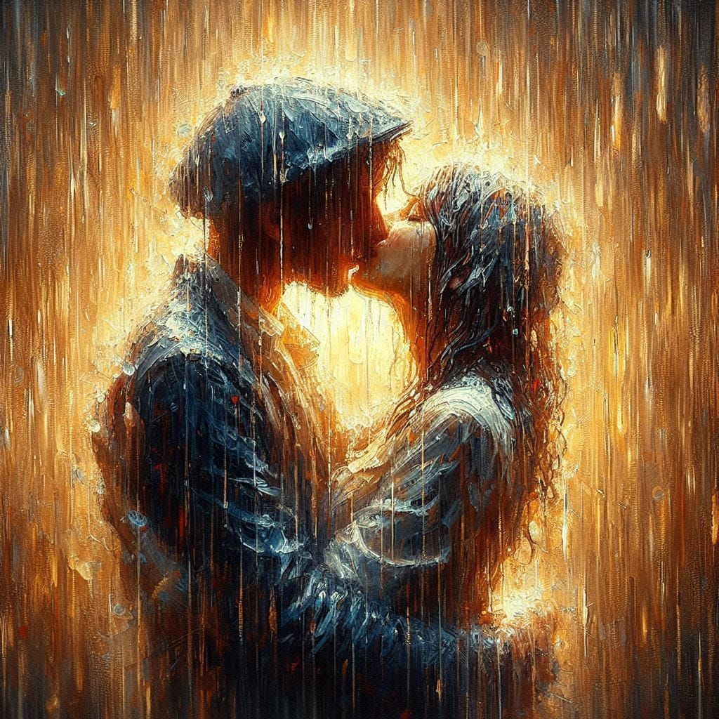 Girl and boy kissing in the rain intricately detailed contrasting colors kinetic pointillism