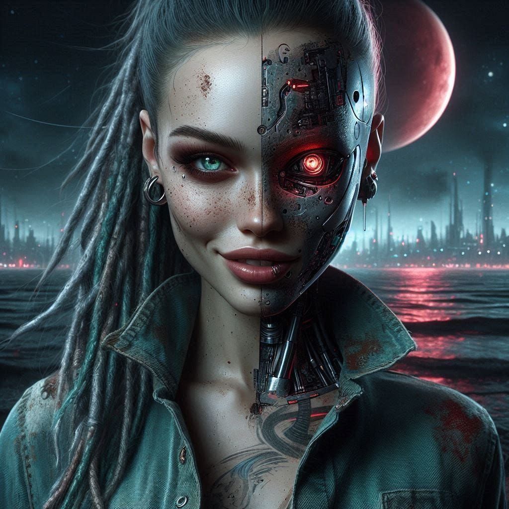 girl half face wonderful , half face cyborg intricately detailed yellow and blue minimalist