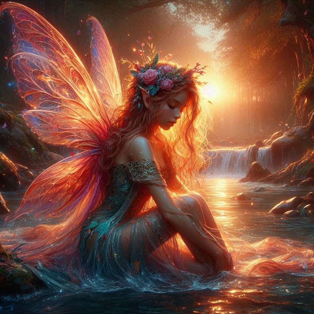 Fantastic cute adorable fairy river night sunshine rays matte painting