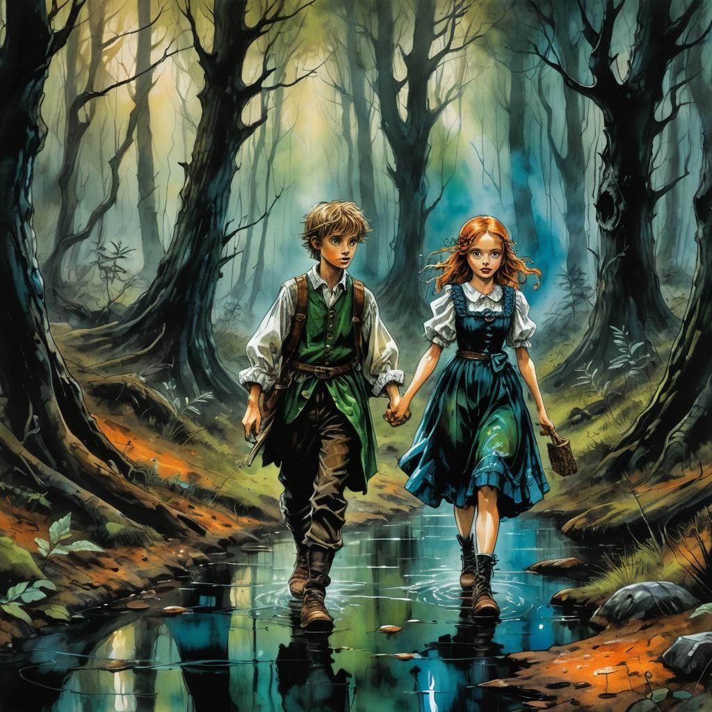 Boy and girl town Tim Burton orange and teal