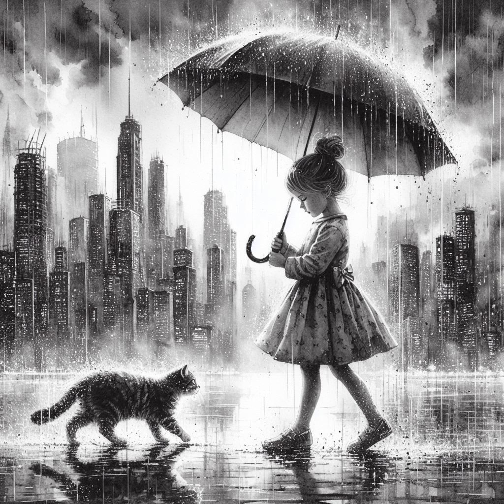 Beauty girl umbrella cat action painting minimalism