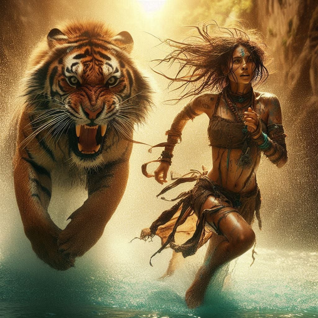 Girl runing angry Tiger trending on Artstation intricately detailed lowbrow iridescent