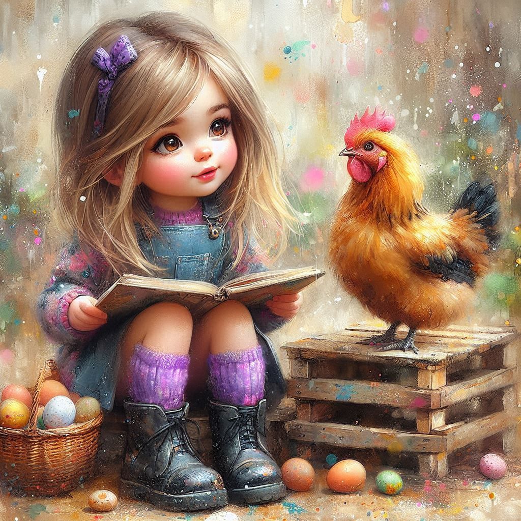 Fantastic little boy and chicken monochromatic fauvism