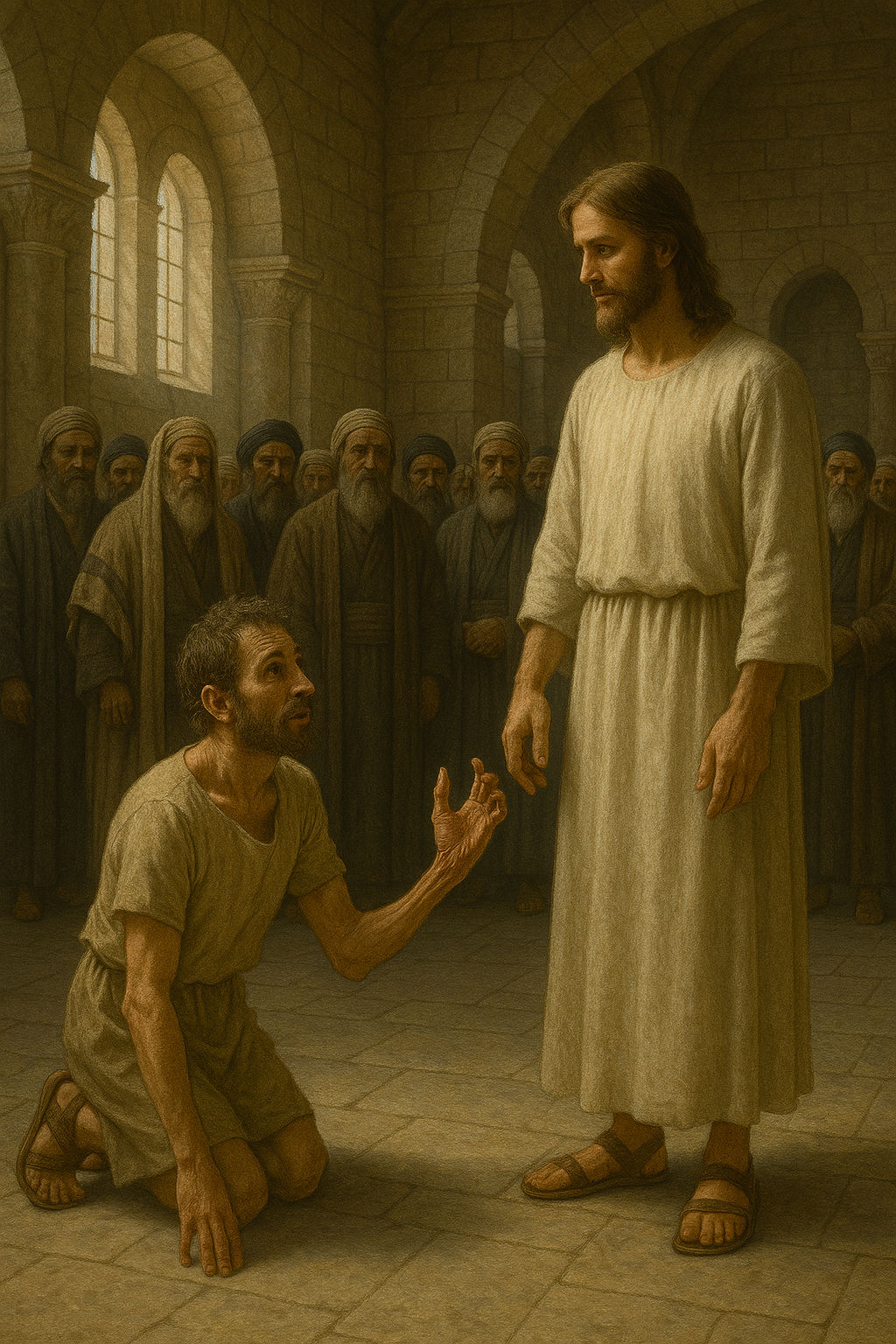 The man kneeling before Jesus, is stretching out his withered left hand. And Jesus restores it to full health. The phara...