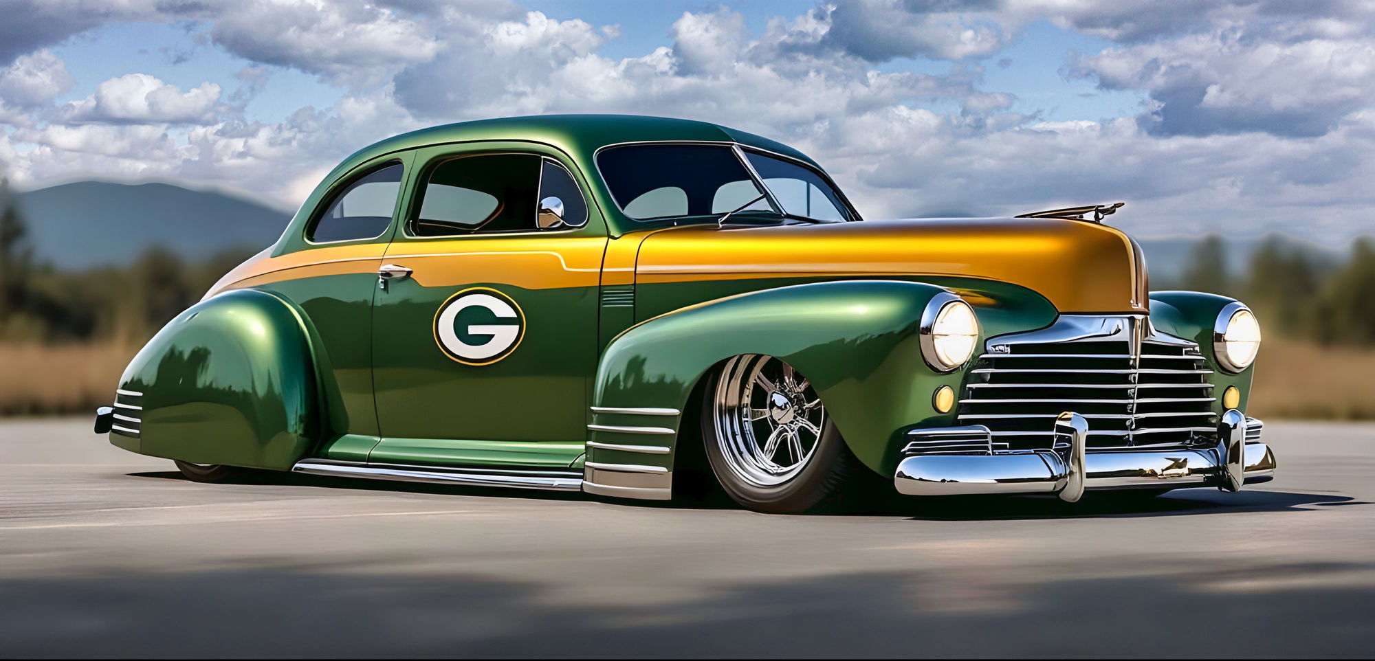 Dropping down from above, and landing on the ground, is the phrase GO PACK GO. It should be made of a Golden Metal, and use a modern 3D Font...