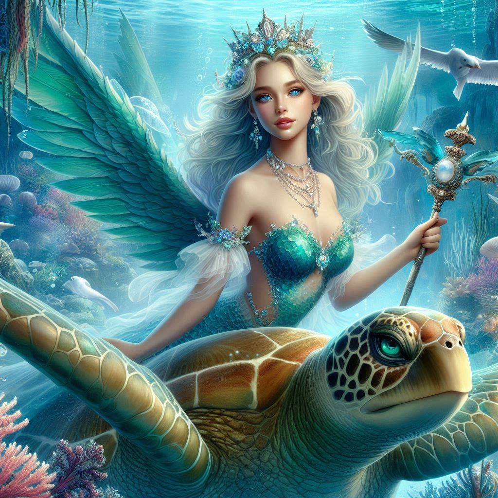 Shimmering hyper shining glowing winged mermaid princess with ultra long golden dreadlocks and shells and pearls in her hair riding a intica...