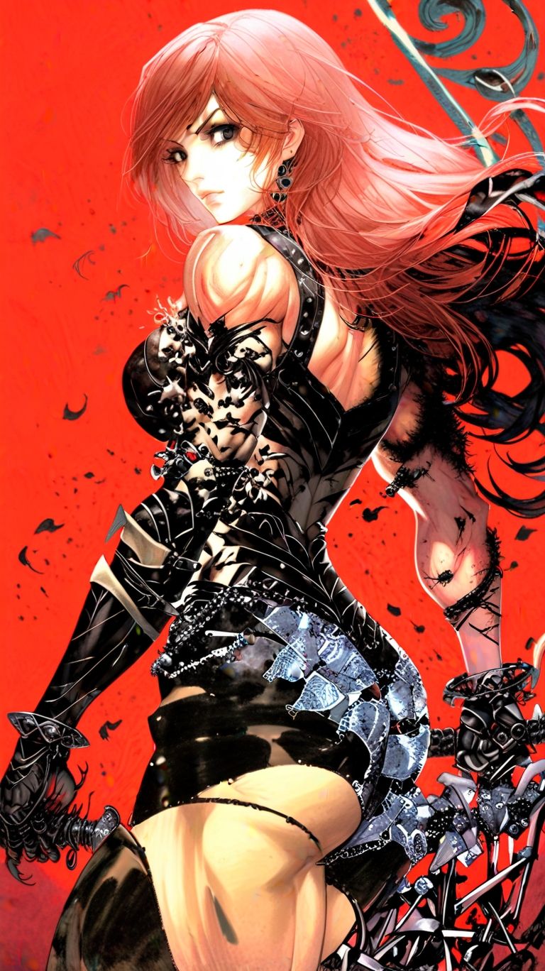 Image is a digital illustration featuring a muscular female character with a striking appearance. She has pale skin and vibrant pink hair th...