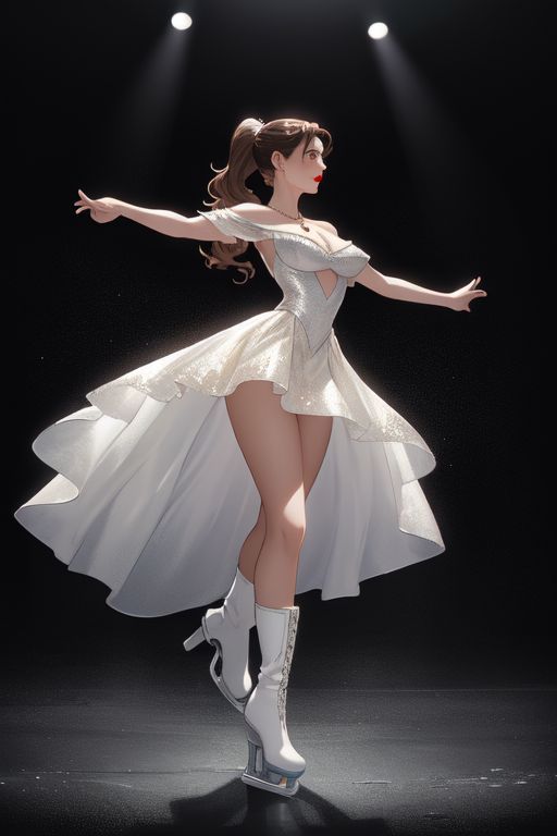 skates a figure of eight on the ice. pirouettes,  then spins on the spot, getting lower