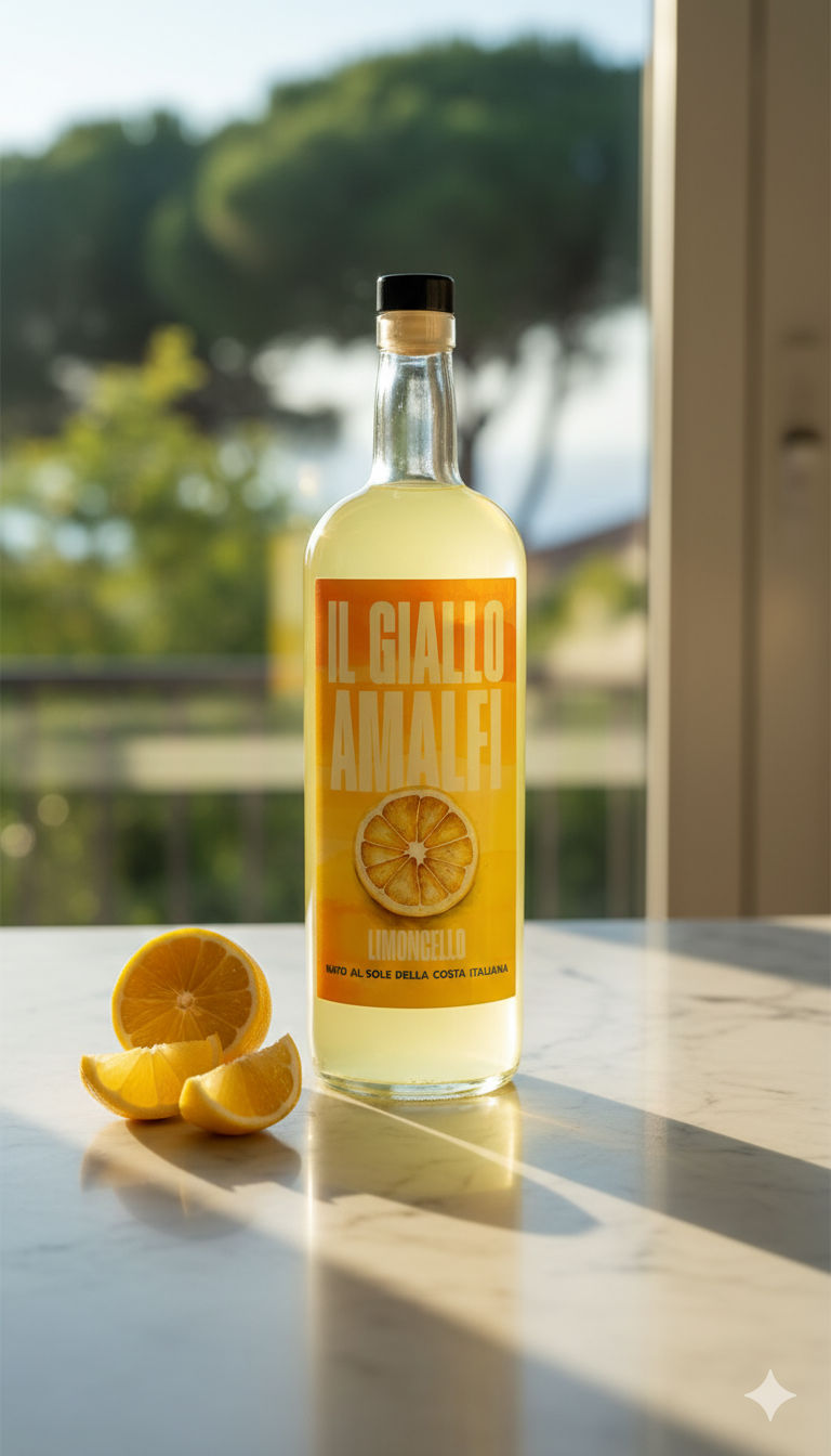 A modern advertising poster showcases a captivating scene. A glowing limoncello bottle sits elegantly on a marble table, surrounded by vibra... - Start Image 2