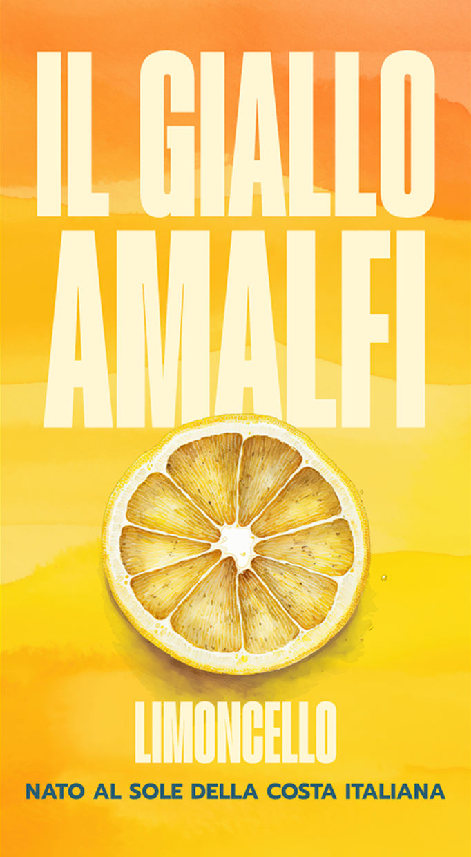 A modern advertising poster showcases a captivating scene. A glowing limoncello bottle sits elegantly on a marble table, surrounded by vibra... - Start Image 1