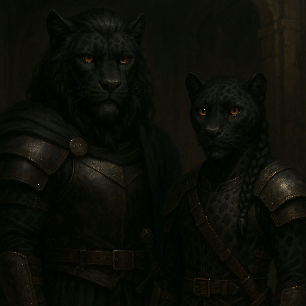 Father and son anthropomorphic black jaguar warriors stand armored for battle. Cinematic film still, shot on v-raptor XL, film grain, vignet...