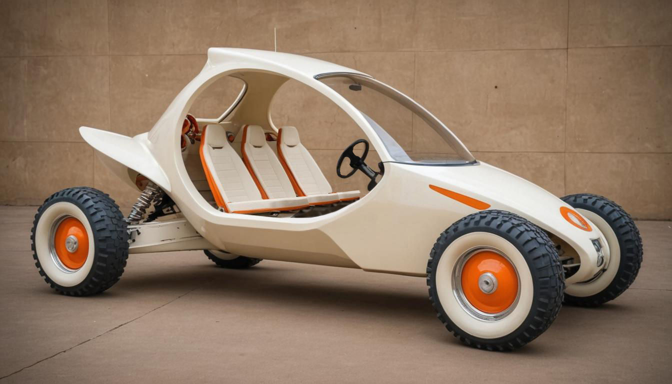 space age retro futuristic buggy cream with orange trim big wheels 