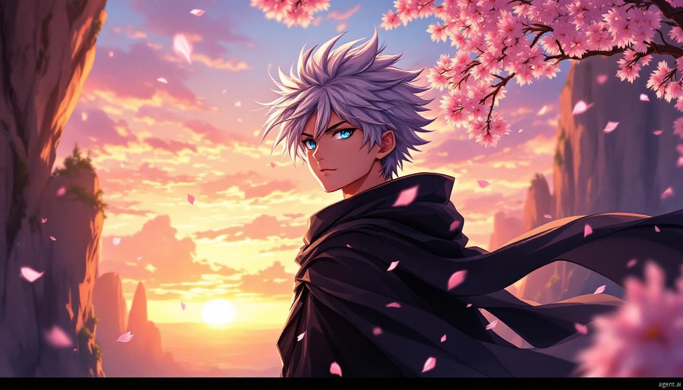 Create a cinematic anime-style video based on this image. Animate the character’s hair gently swaying in the wind, cherr...