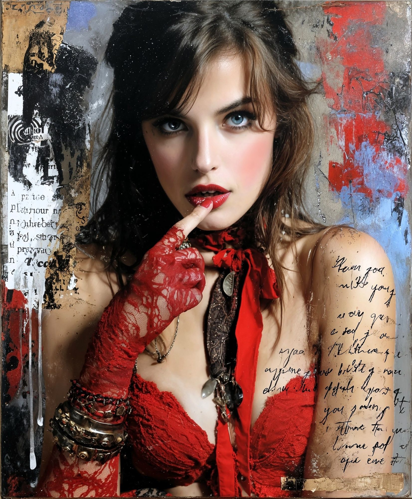 gorgeous front facing woman with dark brown eyes and red sultry lips, she looks forward and her fingers to her lips,  her gaze can move stra...