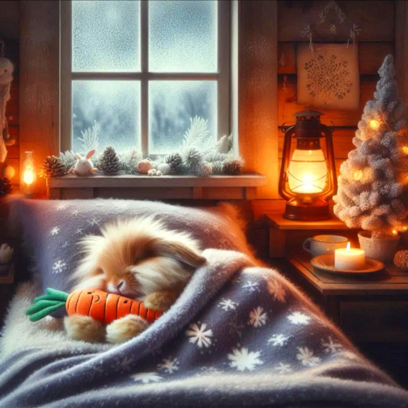 Beautiful little white fluffy bunny snuggling sweetly under the blanket on her bed, she has a stuffed carrot  she is holding  as she sleeps,...